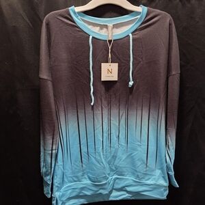 NWT Noracora Ombre Stripe Pullover Black Blue Gradient Lightweight Casual SZ M